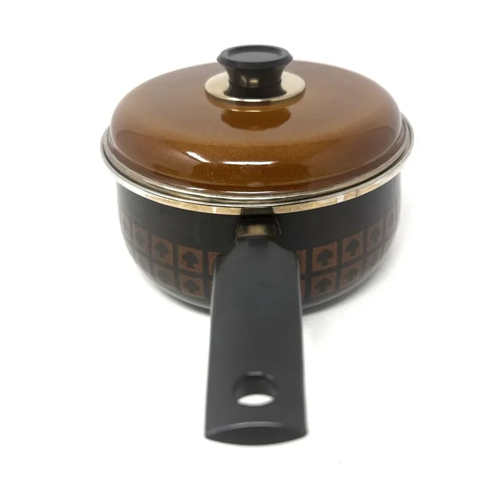 VTG West Bend Le Provencal Enamelware 2.5 Qt Sauce Pan Lid Brown Spade Mushroom